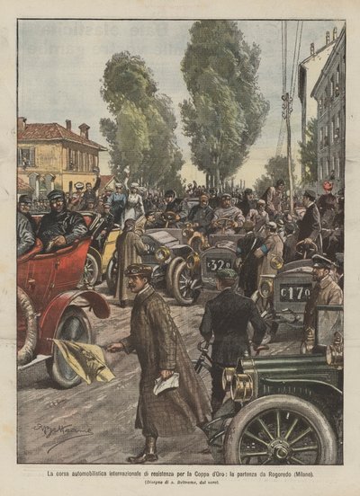 The international endurance car race for the Gold Cup, the start from Rogoredo (Milan) by Achille Beltrame